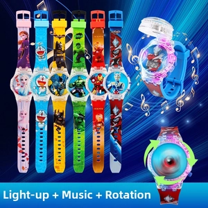 Close-up of kids' electronic watches with rotating unicorn spin and colorful LED lights