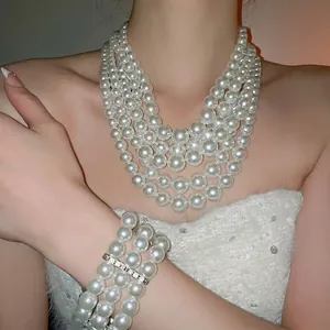 Multi-layer Faux Artificial Pearl Necklace Bracelet And Drop Earrings With Silver Earring Post Elegant Alloy Rhinestone Jewelry