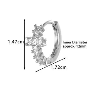 Silver geometric cross huggie hoop earrings with square zircon stones for men and women