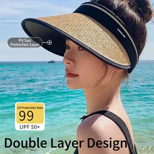 Women's UV protection sun hat with wide brim straw texture and UPF 50+ sunshade