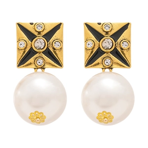 Vintage gold square earrings with black enamel cross, rhinestones and faux pearl drop