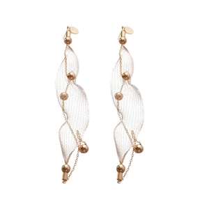 Elegant gold drop earrings with wavy mesh texture and delicate metal ball chain tassels