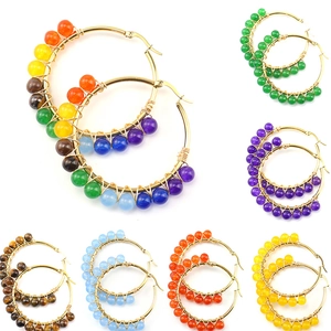 Bohemian Hoop Earrings For Women Stainless Steel Wire Wrapped Natural Stone Colorful Beads Handmade Ethnic Jewelry