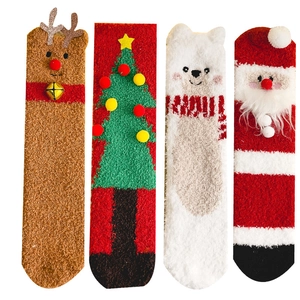 Christmas fluffy socks for women, thick warm coral fleece winter socks with cute 3D elk and Santa designs.