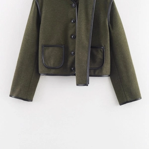 Dark green wool coat with black PU leather trim and round button closure detail