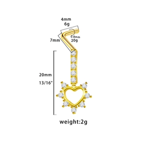 Detail view of heart-shaped gold nose stud chain with white zircon and exact dimensions