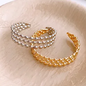Three-layer metallic bead open bangles in gold and silver finish for women fashion