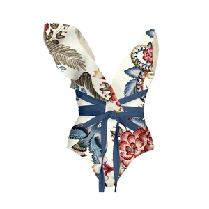 One-shoulder bikini set with tropical floral print, ruffle details and waist tie