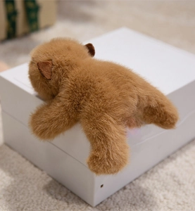 Close-up of the soft brown plush texture and fluffy fur detail on the capybara magnet toy