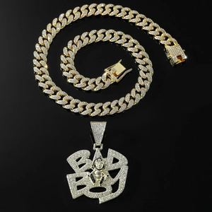 Gold Miami Cuban link chain with iced-out BAD BOY letter pendant for hip hop style