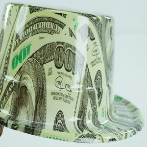 Close-up of top hat featuring realistic 100 dollar bill print and glossy finish