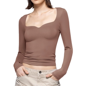Close-up of coffee brown square neck long sleeve crop top with rib-knit texture detail