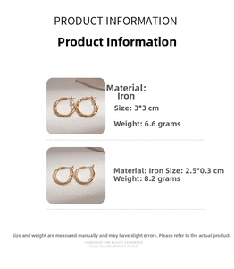Detail view of twisted and smooth metal hoop earrings with precise size and weight specs