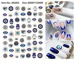 Detail view of Evil Eye and Hamsa Hand nail decals showing size 80mm x 103mm on white background