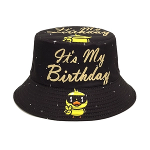 It's My Birthday Bucket Hat Gold Glitter Letter Yellow Cartoon Duck Print Polyester Sun Protection Headwear Outdoor Party
