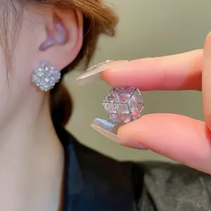 Stereoscopic Square Cubic Zirconia Stud Earrings With 925 Sterling Silver Earring Post Geometric Magic Cube Style Women