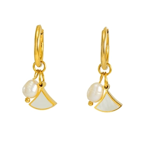 Détail de boucles d'oreilles dorées 18K avec nacre en éventail et perles blanches