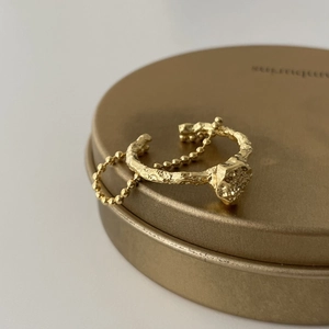 Minimalist champagne gold 925 sterling silver lava texture double ring with bead chain link