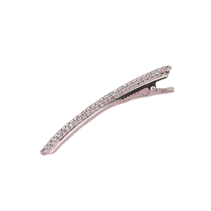 Elegant silver metal bow hairpin with sparkling rhinestones on a clean white background