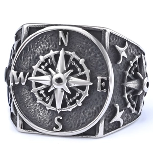 Vintage stainless steel Viking compass signet ring for men in antique silver finish