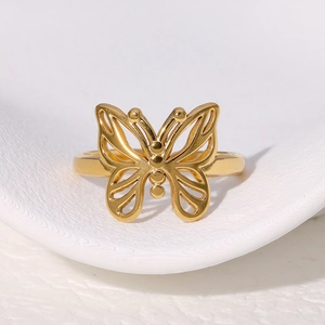 Eleganter, 18K vergoldeter Schmetterlingsring aus Edelstahl, offenes Design für Damen