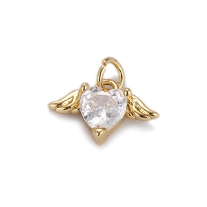Detailed view of heart-shaped winged pendant with clear zircon stone for jewelry making