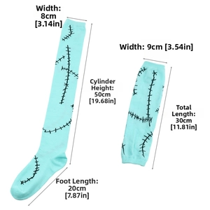 Size guide for Sally cosplay stockings and gloves with detailed measurements in cm and inches