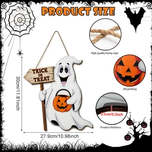 Detalle del cartel de madera del fantasma de Halloween con cuerda de cáñamo y medidas