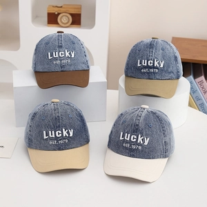 Kids Retro Denim Baseball Cap With Lucky 3D Embroidery Color Block Paneled Adjustable Sun Protection Hat For Boys Girls