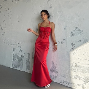 Sexy backless red satin maxi dress with lace corset bodice and slim fit design