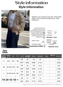 Size chart and fabric details for women casual lapel jacket including 100% polyester info