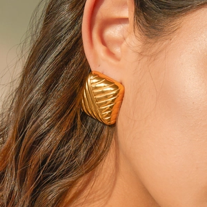 18k gold plated stainless steel square stud earrings with retro textured wavy pattern