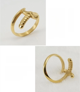 Detail of 18K gold plated stainless steel sword ring with lead and nickel free finish