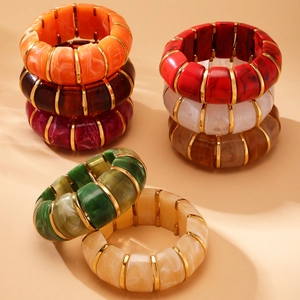 Chic candy color resin stretch bracelets with gold metal dividers in multiple shades