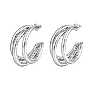 Minimalist silver triple hoop earrings in polished stainless steel for a layered look