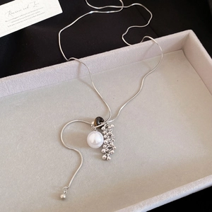 Detail of silver snake chain necklace with pearl and tiger eye stone pendant in a jewelry tray
