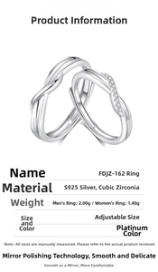Macro shot of S925 sterling silver couple rings with adjustable band and product specs