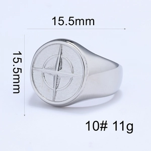 Macro view of 15.5mm silver stainless steel signet ring with compass cross engraving