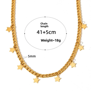 Technical sketch of gold star necklace showing 41+5cm chain length and 5mm charms
