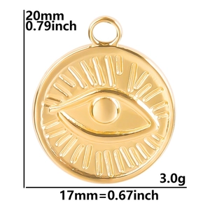 Gold stainless steel evil eye pendant with dimensions 20mm x 17mm and 3.0g weight