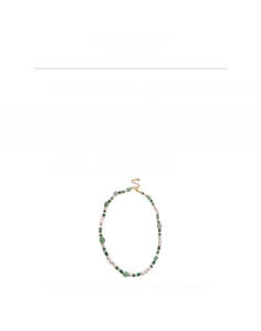 Detail showing 38.1cm pearl and malachite necklace with 17.2g weight and material specs
