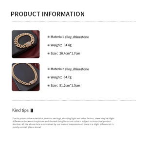 Detailed size specifications for gold rhinestone Cuban link necklace and bracelet set