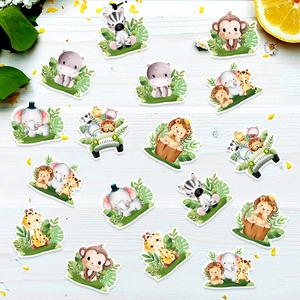 Jungle animal confetti set with lion and elephant on white wood for baby shower decor