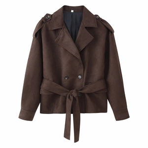 Brown faux suede short jacket with double-breasted buttons and waist belt in flat lay