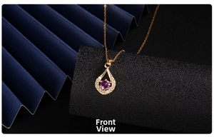 Detailed front view of water drop necklace with purple zircon and gold chain detail