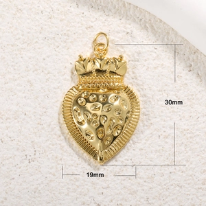 Detailed size view of a 30x19mm gold heart pendant with a crown design and etched metal