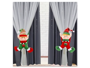 Detail of red and green plush elf doll curtain buckles for Christmas home decoration