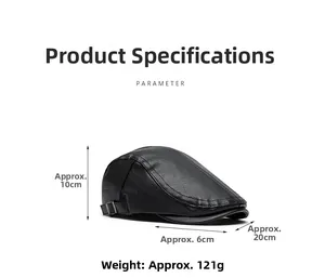 Detailed side view of black faux leather beret with metal buckle and lychee texture