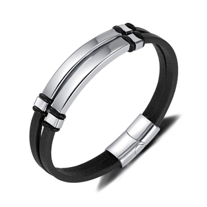 Double-layer black leather bracelet for men featuring a polished stainless steel magnetic clasp