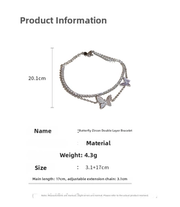 Double-layer butterfly bracelet with zircon inlay, 17cm plus 3.1cm extension chain details